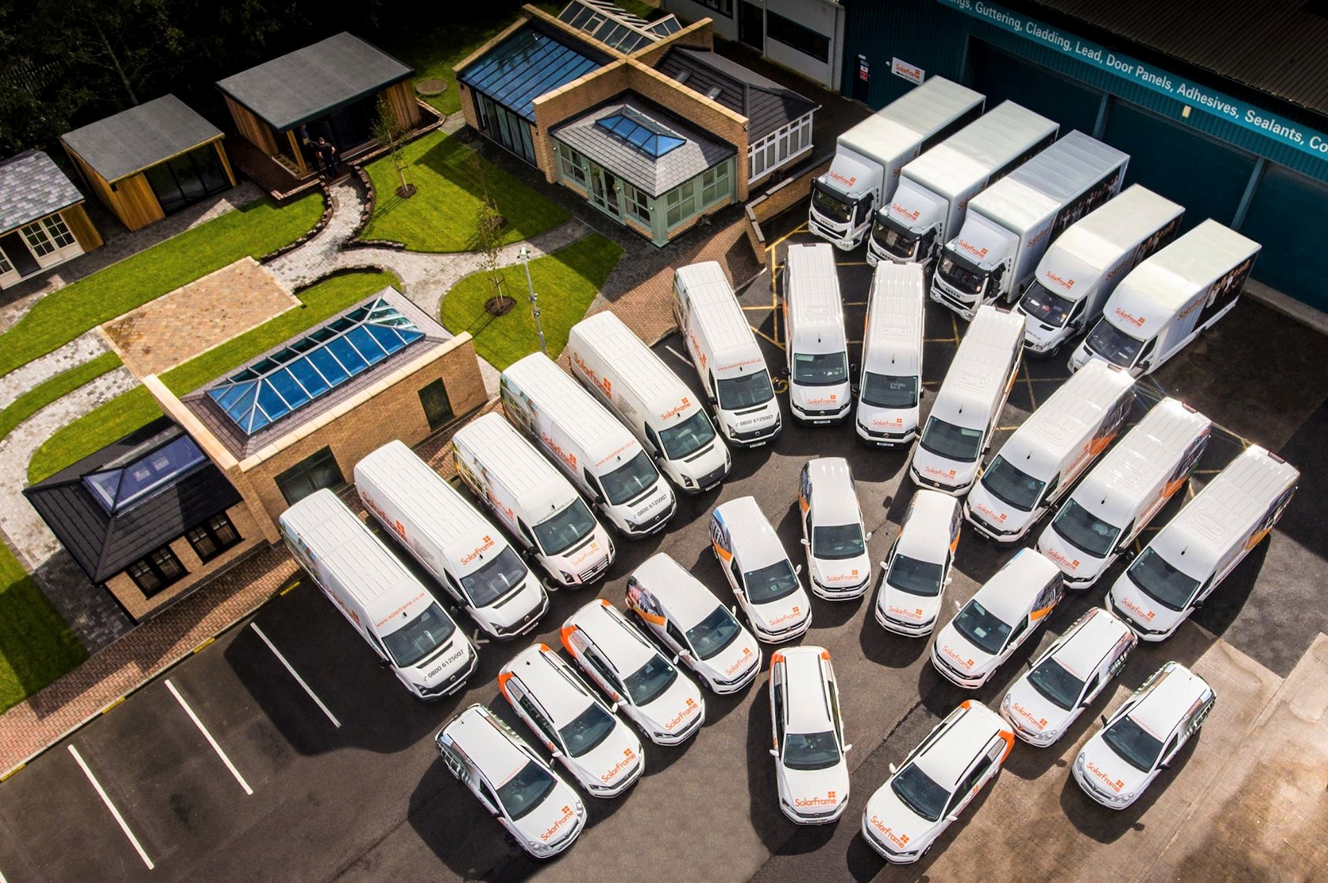 Drone photos of SolarFrame vans at Head Office image